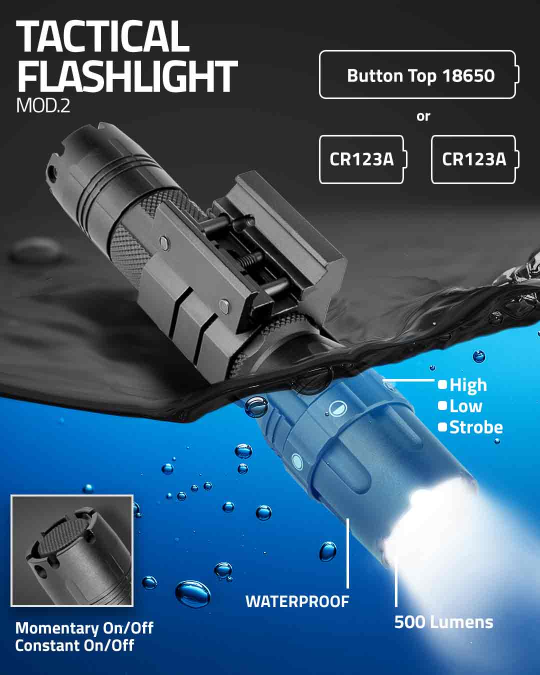 Pro Series Flashlight Mod2/ 3w 500 Lumen/ Modes: High - Low - Strobe/ Rail Mount - Image 4